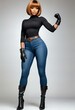 © Quy - Woman wearing denim straight-leg jeans.