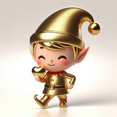 Wall Mural - 3d Cute metallic gold Christmas elf doing mini heart pose