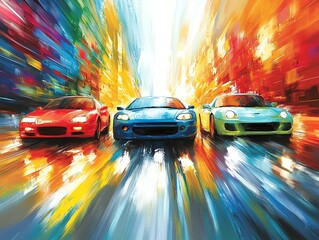 Three sports cars in a race, painted in a dynamic, colorful style.