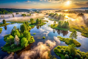 Wall Mural - Aerial View of Steam Fog Rising Above Serene Wetland Surrounded by Lush Vegetation, Evoking a Mystical Atmosphere in Nature's Tranquil Landscape