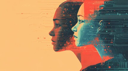 Poster - two digital female profiles overlaid on a digital circuit board background.