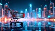 © Din Nasahrudin - Shopping cart on a holographic cityscape background, representing futuristic e-commerce and digital retail in a high-tech urban environment. Perfect for showcasing innovation in online shopping.