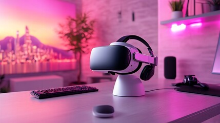 Poster - VR headset with headphones on a white stand on a desk with a keyboard, mouse, and speaker in a pink lit room.