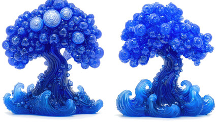 Poster - Stylized Blue Ocean Waves With an Artistic Tree Sculpture Design Generative AI