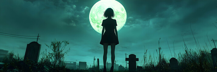 Wall Mural - A Silhouetted Girl Stands in a Graveyard Under a Full Moon with a Teal Sky