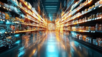 Supermarket aisle with digital data overlay.