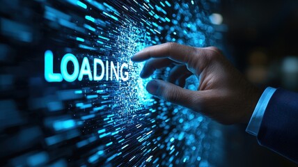 Poster - Close-up of a businessman's hand touching a digital screen with a progress bar loading, displaying the text 