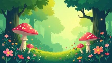 Poster - A forest scene with a path and a bunch of mushrooms