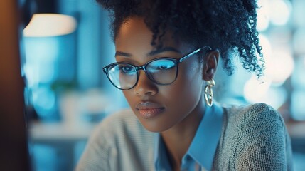 Poster - Thoughtful Young Woman with Glasses at Workstation
