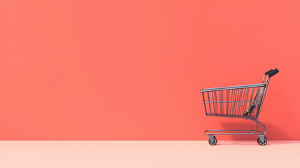 Wall Mural - A shopping cart stands against a vibrant coral wall, symbolizing consumerism and retail experiences.