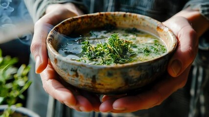 Wall Mural - Woman is holding a rustic bowl of hot soup, garnished with fresh thyme. The soup is steaming slightly, suggesting it was freshly made