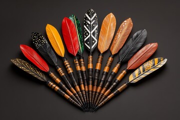 A set of arrows arranged in a fan shape, with various feather colors and designs, symbolizing diversity in craftsmanship