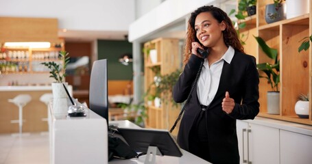 Poster - Hotel, reception and call of booking consultant with African woman, customer care and hospitality enquiry for villa. Staff, service and question at lobby desk with conversation, helping and support