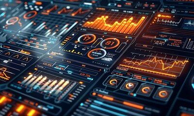 Poster - 
High-tech digital interface displaying real-time data and graphs, with an overlay of virtual screens showing global business growth charts and marketing trends. 