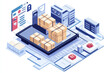 © Kim - busy warehouse with multiple boxes on scale, tablet displaying data, and other buildings in background. scene represents efficiency and productivity