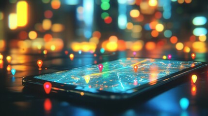 Poster - A smartphone displaying a map with colorful location markers in a vibrant city setting.