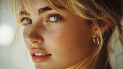 A close-up profile of an elegant blonde Australian woman wearing simple modern earrings, showcasing her natural skin texture, taken from the side under gentle white lighting