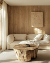 Minimalist interior design of modern bright and airy living room with a white sofa and wooden accents. Large abstract art and natural light bring warmth and elegance to the minimal decor.