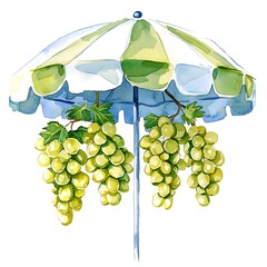 Wall Mural - Watercolor illustration of green grapes hanging under an umbrella.