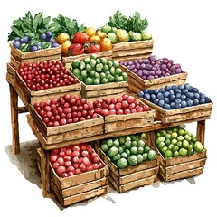 Canvas Print - Fresh Produce Displayed in Wooden Crates.