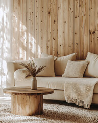 Minimalist interior design of modern bright and airy living room with a white sofa and wooden accents. Large abstract art and natural light bring warmth and elegance to the minimal decor.