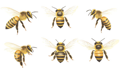 Poster - Collection of Flying Bees Captured in Detailed Illustrations Generative AI