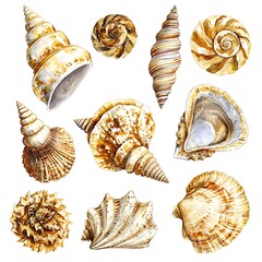 Wall Mural - Watercolor Illustration of Assorted Seashells on White Background.