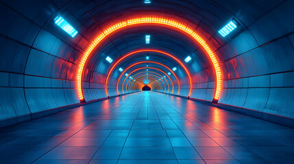 Aufkleber - A futuristic tunnel illuminated by glowing orange and blue lights, creating a vibrant and captivating atmosphere.