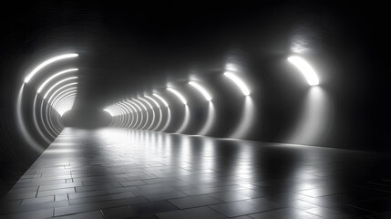 Poster - A dimly lit tunnel with circular light fixtures reflecting on a wet floor, creating an eerie and atmospheric environment.