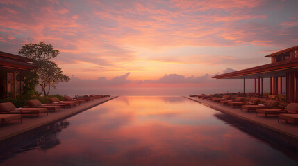 Poster - Tranquil sunset over a luxurious infinity pool, surrounded by elegant architecture and lush greenery, reflecting vibrant colors in serene waters.
