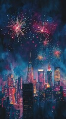 Poster - Fireworks Over Cityscape.