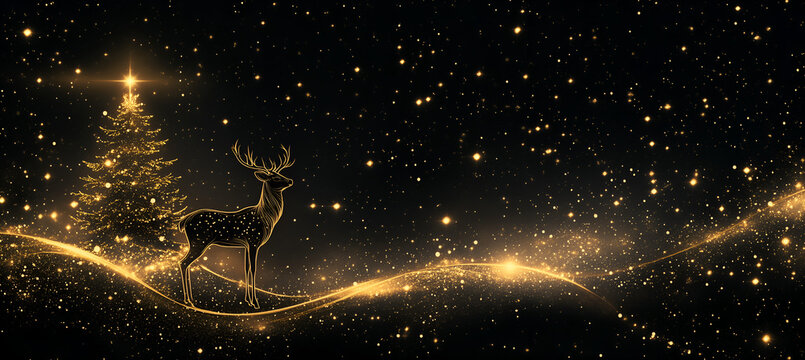 background is black, with stars and light lines shining on the left side of it. There's an elegant deer standing next to a Christmas tree in gold line art. The lights glow softly around them. 