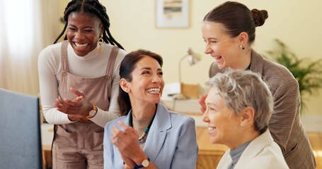 Poster - Business women, computer and applause for teamwork, feedback and project development with smile. Collaboration, diversity and celebration for networking success, discussion or growth with empowerment