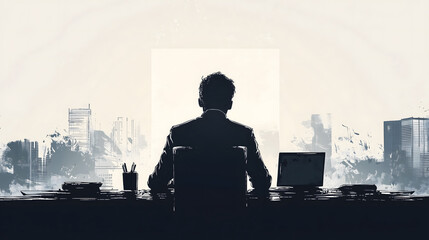 Silhouette of a person at a desk with two computer monitors, set against an abstract city skyline. Ideal for tech and business themes.