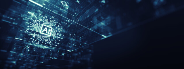 Poster - Digital illustration of an AI chatbot processor with intricate circuit lines on a blue background, symbolizing advanced technology, intelligent communication systems, and big data analytics.