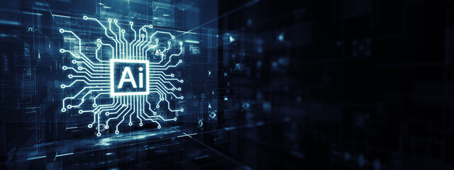 Poster - Digital illustration of an AI chatbot processor with intricate circuit lines on a blue background, symbolizing advanced technology, intelligent communication systems, and big data analytics.
