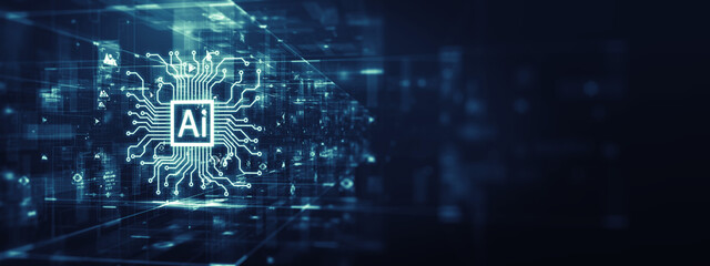 Poster - Digital illustration of an AI chatbot processor with intricate circuit lines on a blue background, symbolizing advanced technology, intelligent communication systems, and big data analytics.