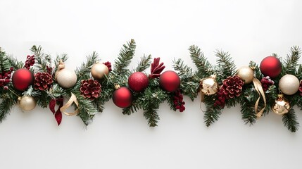 Wall Mural - Christmas garland with red and gold ornaments, pine branches, and ribbons on a white background. PNG transparent