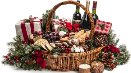 Christmas gift basket filled with assorted presents, wine, and festive treats on a white background. PNG transparent，AI