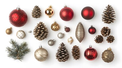 Wall Mural - Flat lay of Christmas ornaments, pine cones, and festive decorations arranged on a white background