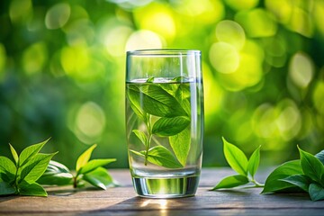 Wall Mural - A glass of water with a leaf in it sits on a wooden table