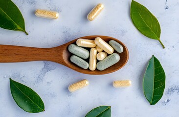 Wall Mural - natural vegetable capsules in a wooden spoon, scattered on a white background