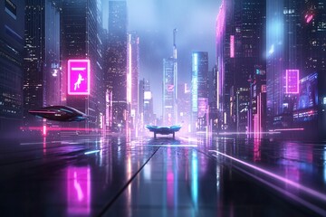 Poster - A futuristic cityscape blending ancient architecture with cutting-edge AI technology, neon-lit streets, towering skyscrapers, flying cars,