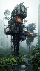 Poster - A post-apocalyptic world where AI has evolved into a new form of life, bioluminescent plants, mechanical creatures, remnants of humanity