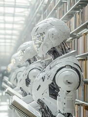 Poster - An ancient library where books and AI holograms coexist, robotic librarians assisting with knowledge retrieval, soft golden light