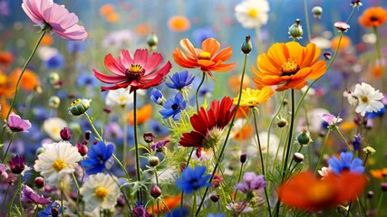 Sticker - Closed Up of vibrant wild flowers in a Field background.