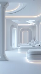 Poster - a serene ai-operated spa in a futuristic city, robotic masseuses, calming ambient music, soft lighti