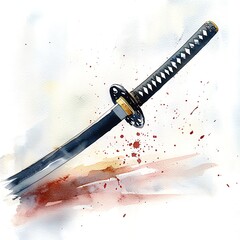 Sticker - Watercolor Painting of a Samurai Sword with Blood Splatter.