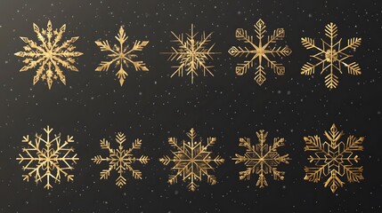 Wall Mural - Set of gold snowflakes isolated on transparent background