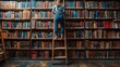 © siyons - A young woman stands on a ladder in a library, reaching for a book on a high shelf.